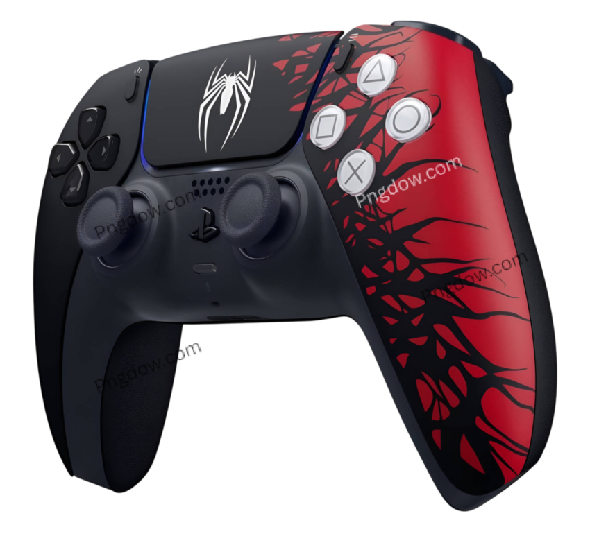 A PlayStation 5 controller featuring a Spider Man design, showcasing vibrant colors and intricate details