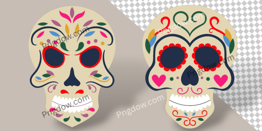 Day of the Dead Skulls  Dia De Los Muertos Traditional Mexican Sugar Human Head Bones Vector Symbols Set, Dead Day Skulls with Flowers Decoration