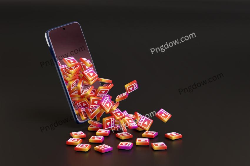 Buenos Aires, Argentina September 4, 2023 Many Instagram Reels Logos Coming Out of a Mobile Phone on Black Background 3D Illustration