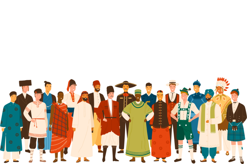 Group of diverse smiling man wearing in folk costumes of various countries vector flat illustration Happy multinational male people standing in ethnic clothing isolated on white background