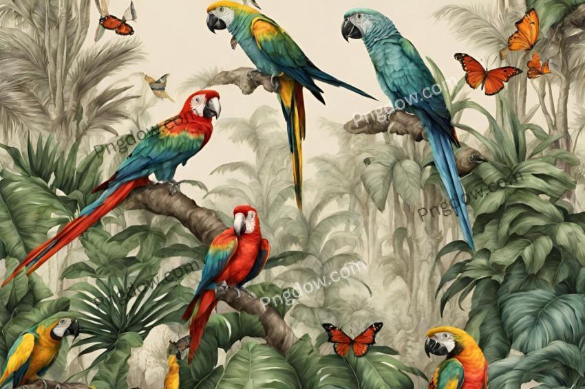 Wallpaper jungle and leaves tropical forest mural parrot and birds butterflies old drawing vintage background for free