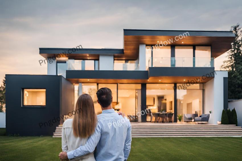 Couple embracing in front of their new big modern house, rear view Buying your dream home Mortgage, home loan concept background free