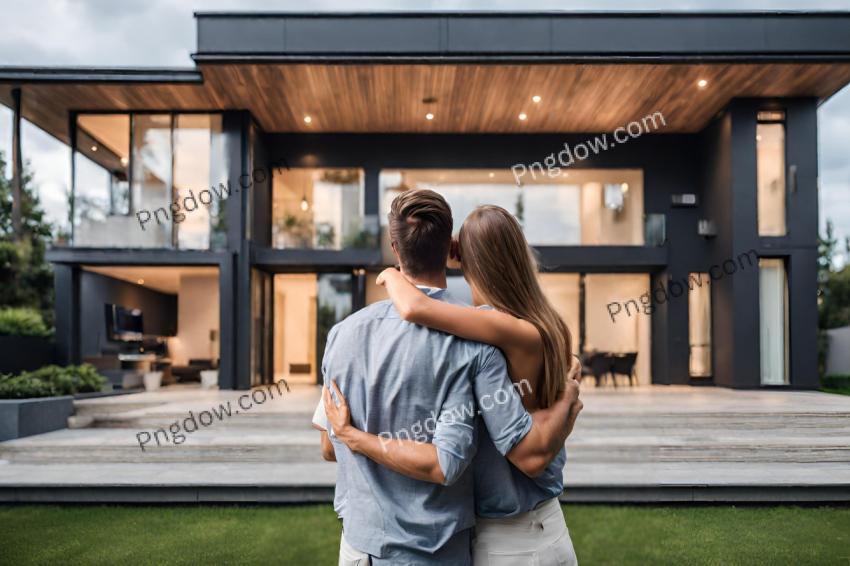 Couple embracing in front of their new big modern house, rear view Buying your dream home Mortgage, home loan concept background