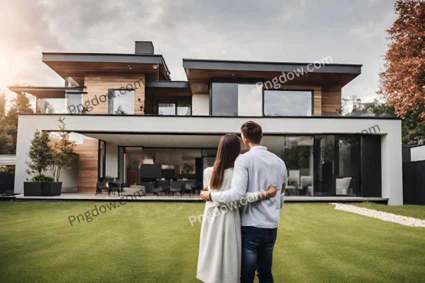 Couple embracing in front of their new big modern house, rear view Buying your dream home Mortgage, home loan concept, free
