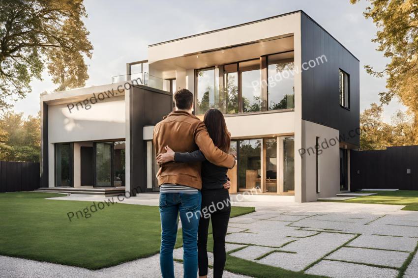 Couple embracing in front of their new big modern house, rear view Buying your dream home Mortgage, home loan concept, background