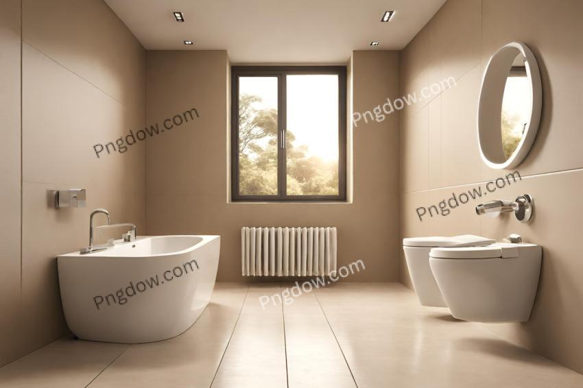 Modern, luxury wall hung toilet bowl, closed seat with dual flush, reeded glass partition, bidet, tissue paper holder, white bathtub on granite tile floor in sunlight on beige wall background 3D For free download