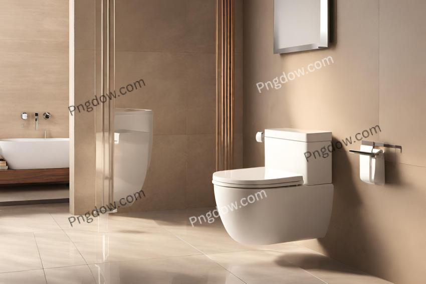 Modern, luxury wall hung toilet bowl, closed seat with dual flush, reeded glass partition, bidet, tissue paper holder, white bathtub on granite tile floor in sunlight on beige wall background 3D for free