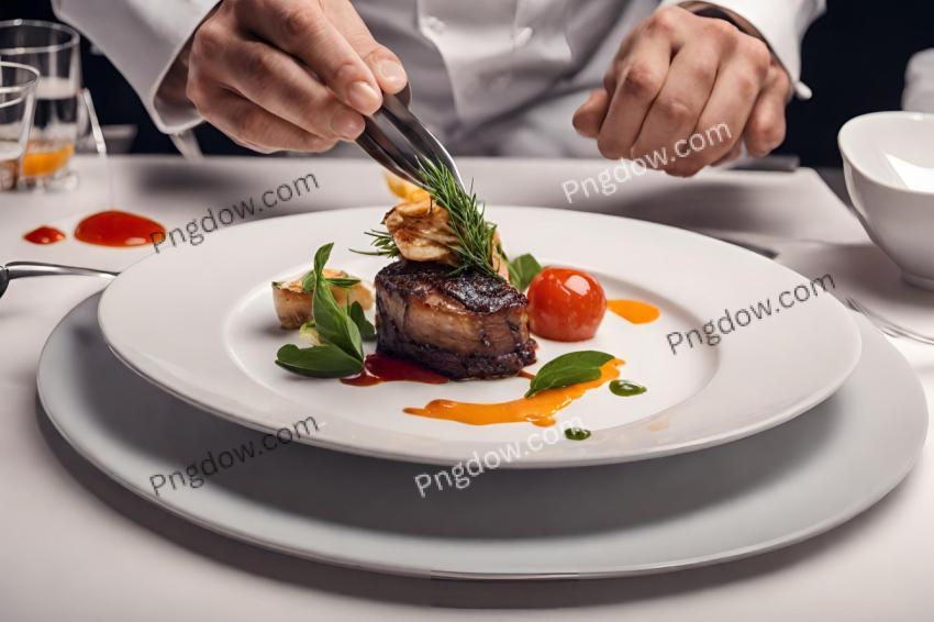 Modern food stylist decorating meal for presentation in restaurant  Closeup of food stylish  Restaurant serving  Close up on the hand of a waiter carrying food