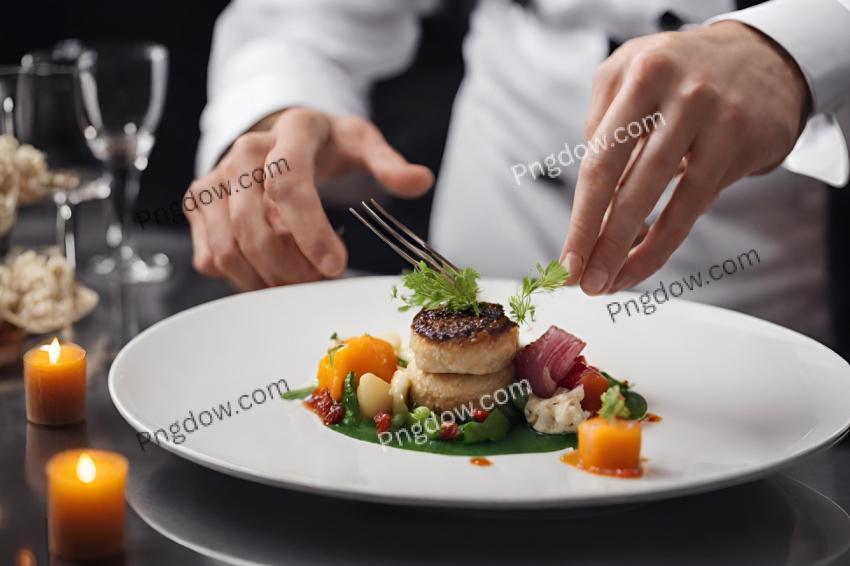 Modern food stylist decorating meal for presentation in restaurant  Closeup of food stylish  Restaurant serving  Close up on the hand of a waiter carrying food for free