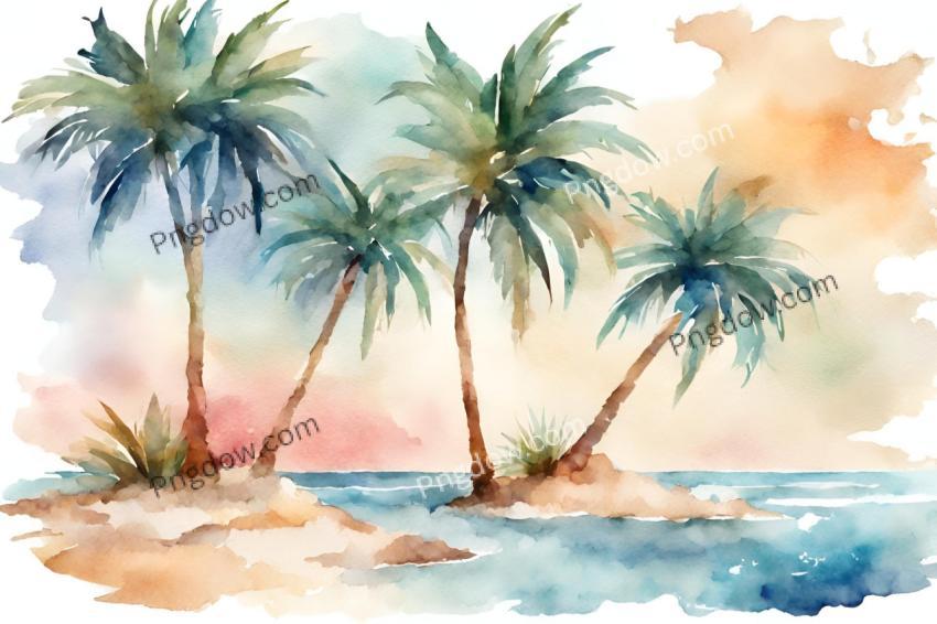Holiday summer travel vacation illustration Watercolor painting of palms, palm tree on teh beach with ocean sea, design for logo or t shirt, isolated on white background for free