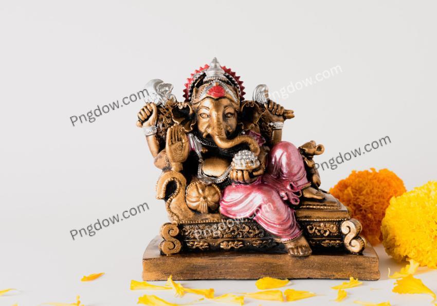 Happy Ganesh Chaturthi festival, Bronze Ganesha statue and Golden texture with flowers, Ganesh is hindu god of Success