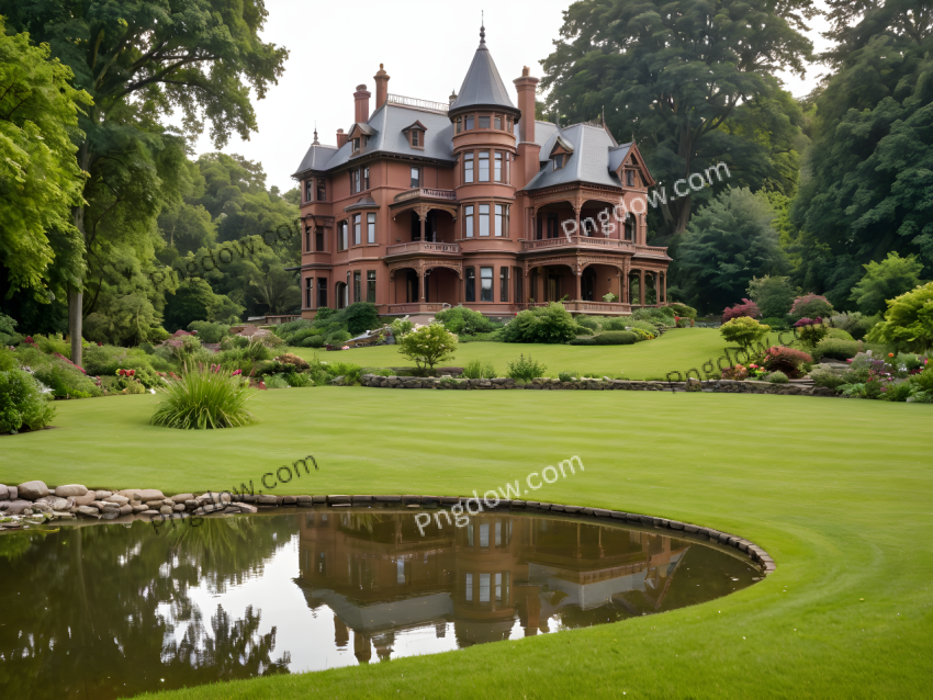 A serene scene with a manicured lawn, pond, and Victorian mansion under a sunny sky with rustling trees in the background