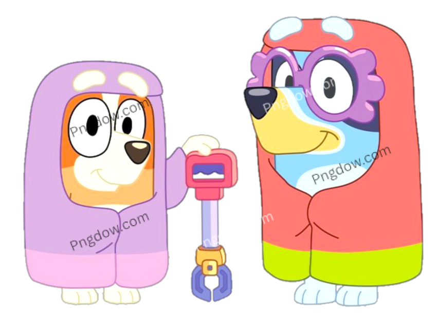 Two cartoon dogs in colorful clothes holding a tool Bluey and Bingo PNG