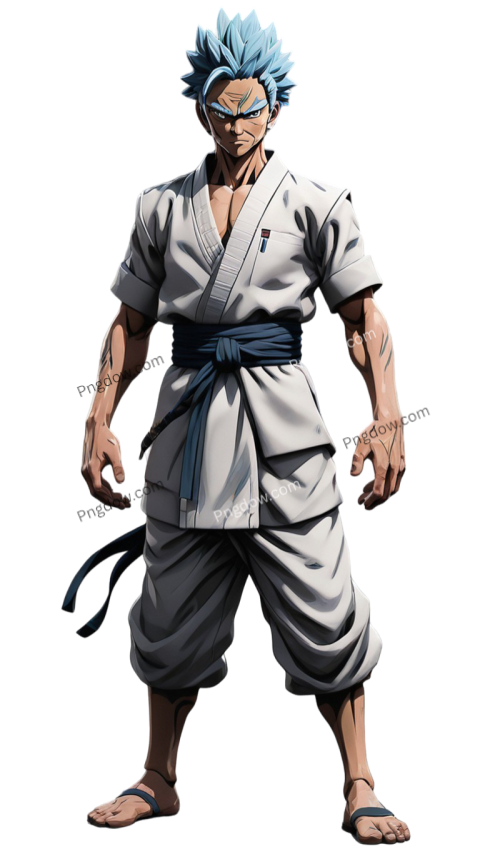 Blue haired anime character in white attire, Gojo PNG available for free download