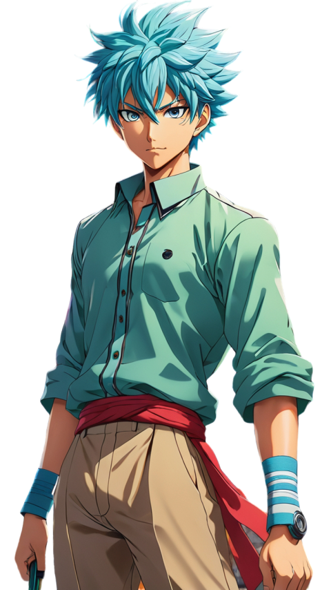 Blue haired anime character wearing a green shirt, Gojo PNG