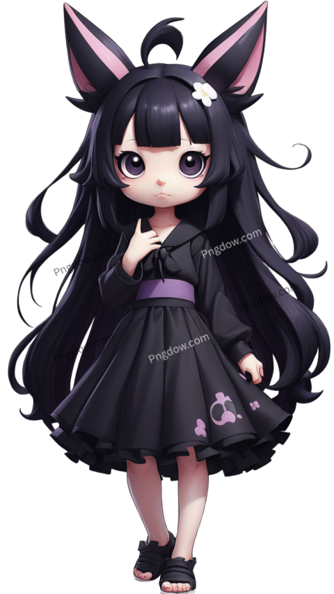 Anime girl with long black hair and cat ears, Kuromi PNG