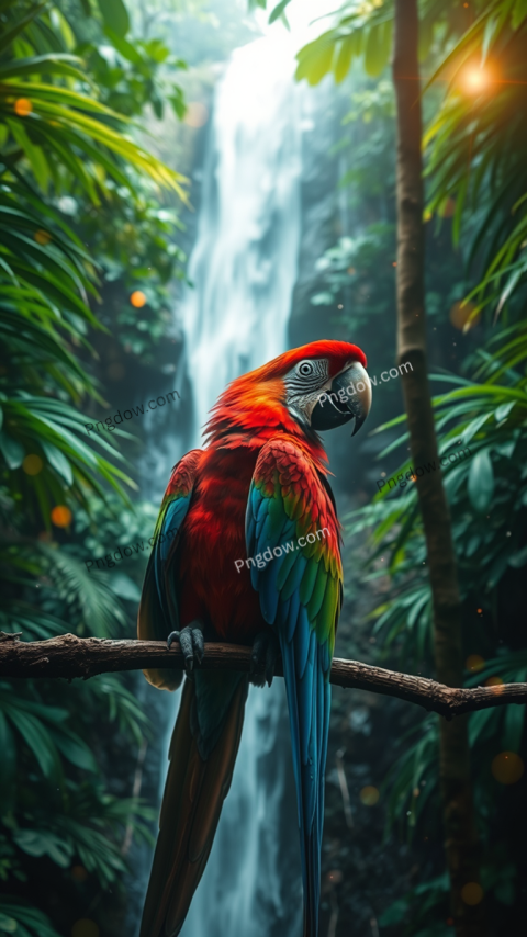 Double exposure A scarlet macaw in a rainforest, wondrous nature, magical, celestial, green, brown and bronze hues, waterfall Many magical ethereal light sparkles