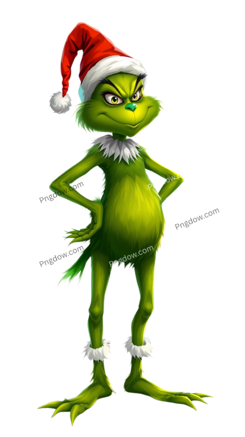 A Grinch character with a mischievous grin stands prominently against a solid black background