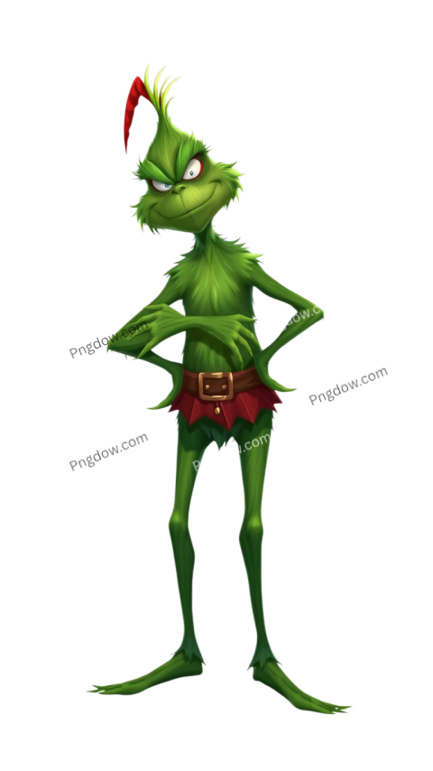 A Grinch character with a mischievous grin stands prominently against a solid transparent background