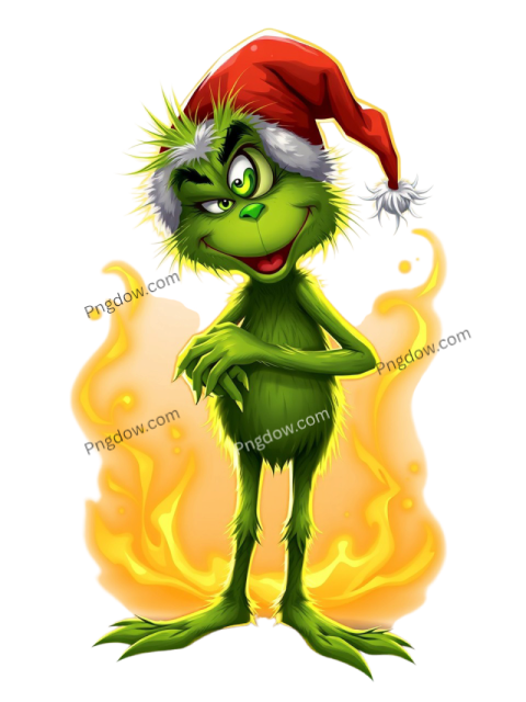 A fiery Grinch wearing a Santa hat, exuding mischief and holiday spirit in a vibrant PNG format
