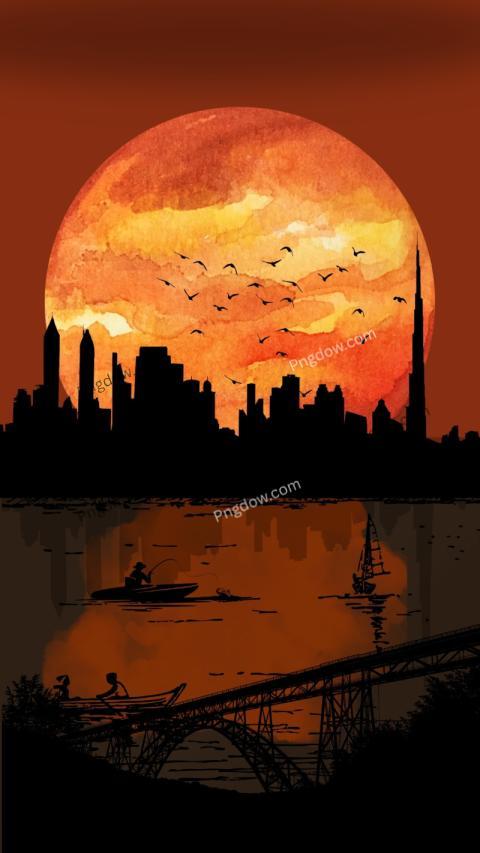 Black River Sunset Watercolor Illustration Phone Wallpaper
