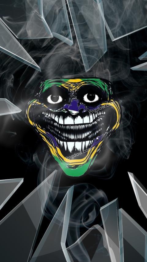 Mardi Gras mask emitting smoke, set against troll face wallpaper
