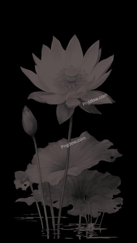 A black and white lotus flower drawing on black wallpaper