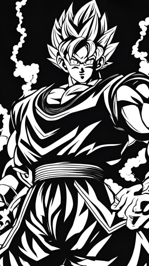 A black and white wallpaper featuring Goku from Dragon Ball Z