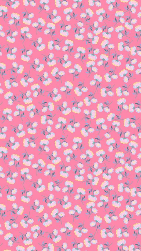 Pink and blue floral pattern on pink preppy wallpaper