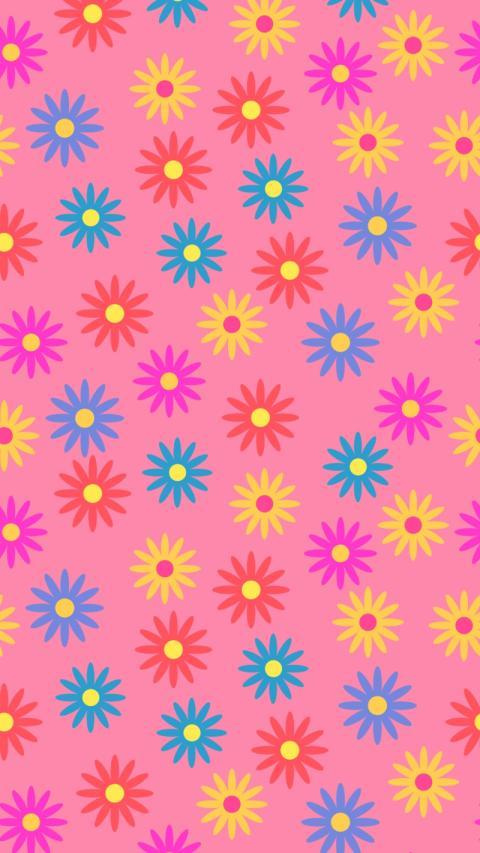Colorful flower pattern on pink preppy wallpaper