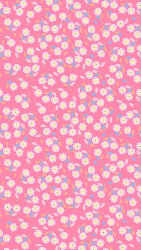Pink and blue floral pattern with small flowers on pink preppy wallpaper