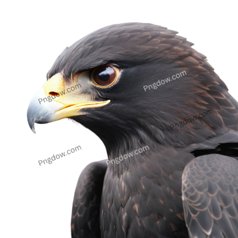 A close up of a black hawk with yellow eyes