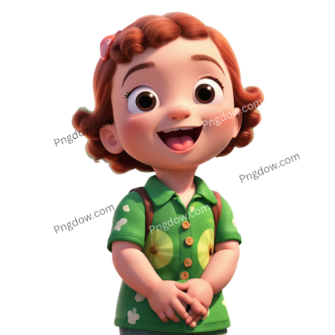 A cartoon girl with brown hair wearing a green shirt