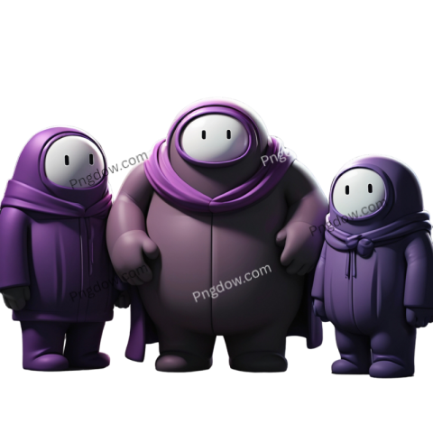 Three purple characters from Among Us standing together against a black background