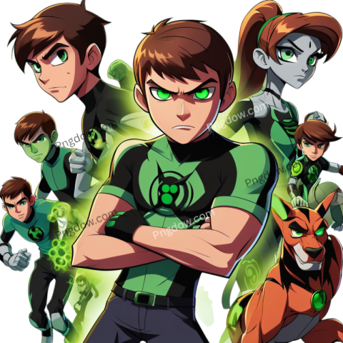 A PNG image of the animated series Ben 10 featuring the main character and his alien transformations