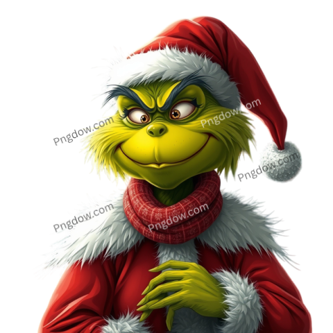 A mischievous Grinch wearing a Santa hat, showcasing a wide grin, embodying holiday spirit and playful mischief