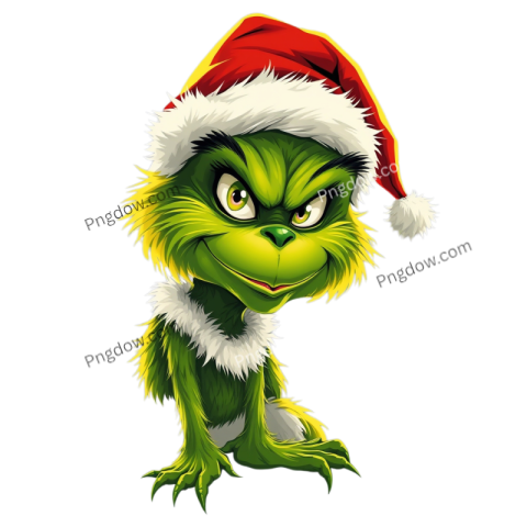 A whimsical Grinch character with an exaggerated grin, showcasing a playful and mischievous expression in a PNG format