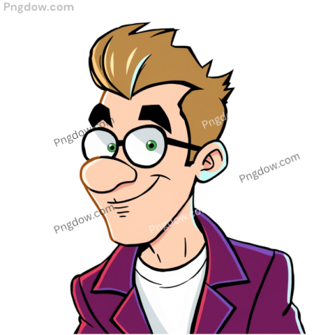 Cartoon man with glasses wearing a purple jacket, resembling Johnny Bravo, showcasing a confident and playful demeanor