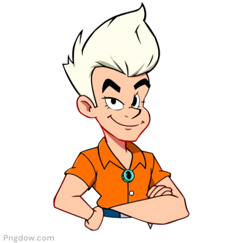 Cartoon character with white hair wearing an orange shirt, resembling Johnny Bravo, striking a confident pose