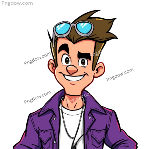 Cartoon man in a purple jacket and sunglasses, resembling Johnny Bravo, striking a confident pose