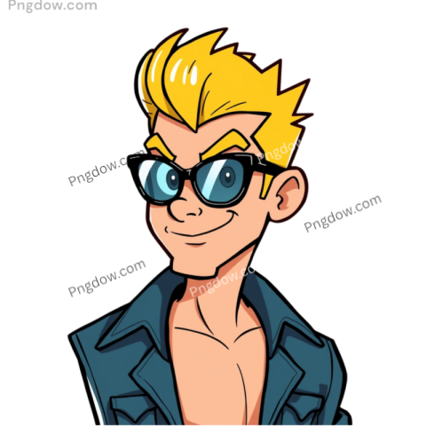 Cartoon man with glasses wearing a blue jacket, resembling Johnny Bravo, exuding a confident and playful demeanor