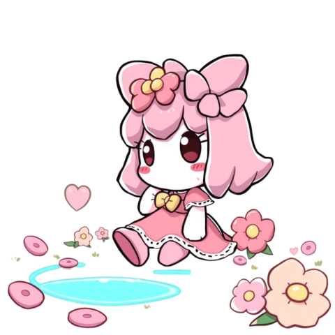 A cartoon character with pink hair adorned with flowers, embodying a whimsical and cheerful aesthetic