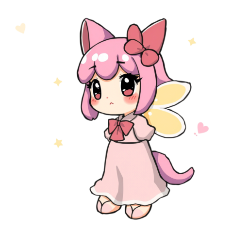 cartoon cat adorned with pink wings and a pink dress, embodying a whimsical and playful aesthetic