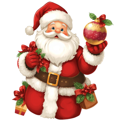 Santa Claus joyfully holds a Christmas ornament and a gift, embodying the festive spirit of the holiday season