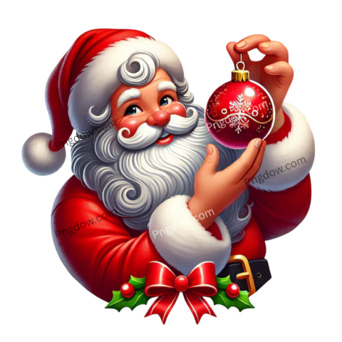 Santa Claus joyfully holds a colorful Christmas ornament, embodying the festive spirit of the holiday season