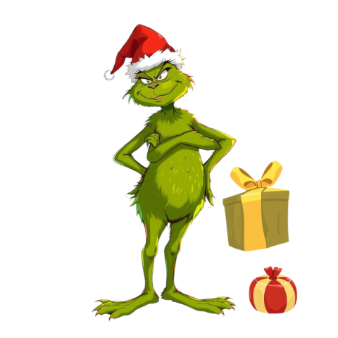 A Grinch character joyfully holds a colorful gift box, showcasing a mischievous grin in a festive setting