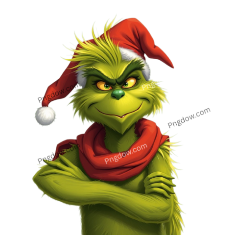 A Grinch wearing a Santa hat and scarf, showcasing a mischievous grin, perfect for holiday themed designs