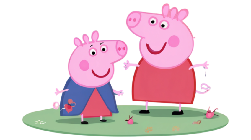 Peppa Pig and her friend, both cheerful cartoon pigs, are depicted in a vibrant, playful scene