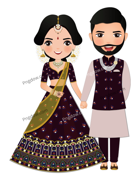 Bride and groom cute couple indian dress cartoon character