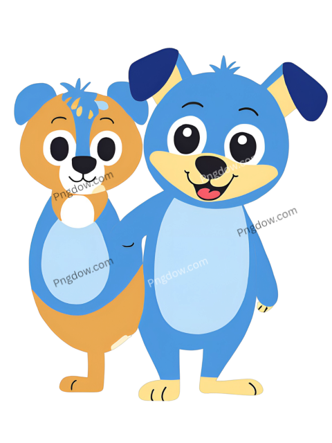 Cartoon dog and bear characters Bluey and Bingo in a playful pose, in a whimsical and colorful illustration